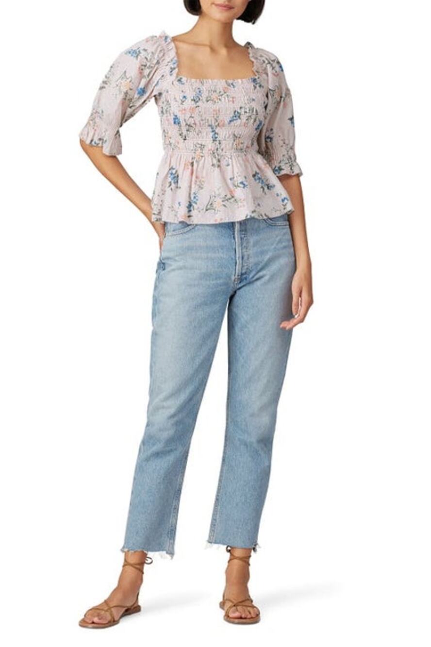 Saylor Floral Smocked Short Sleeve Peplum Clover Top Women's Size Medium